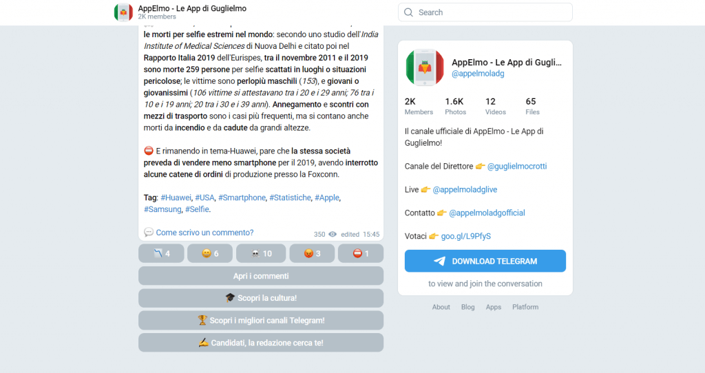 L'anteprima dei canali così come mostrata dal nuovo "portale" di Telegram
